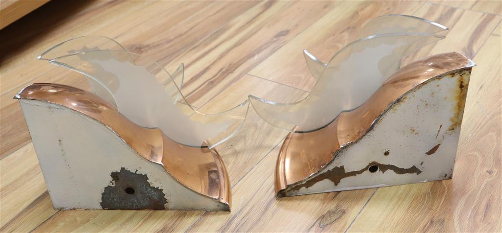 A pair of Art Deco copper and glass mounted quarter-lights, height 20cm